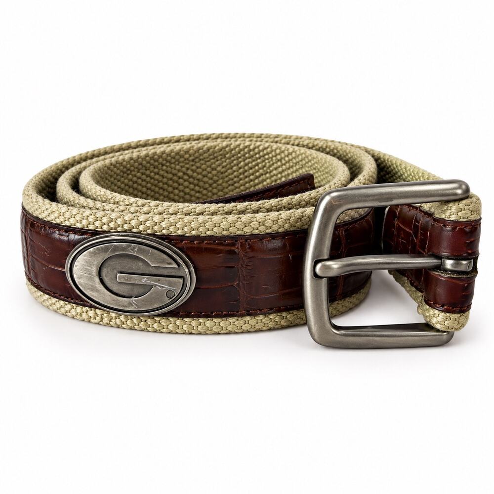 Georgia Bulldogs sz44 G Logo Belt Beige Canvas Webbing w/ Brown Leather